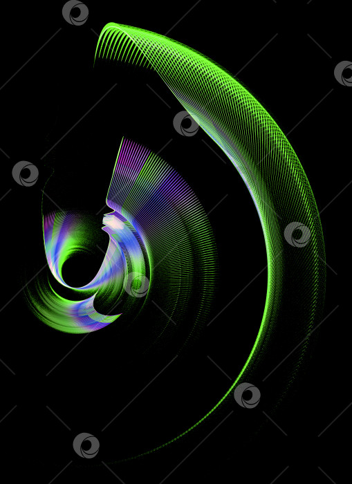 Скачать Абстрактный пропеллер в зеленую полоску с синими и фиолетовыми вставками на лопастях на черном фоне. Иконка, логотип, символ, вывеска. 3D-рендеринг. 3D-иллюстрация. фотосток Ozero