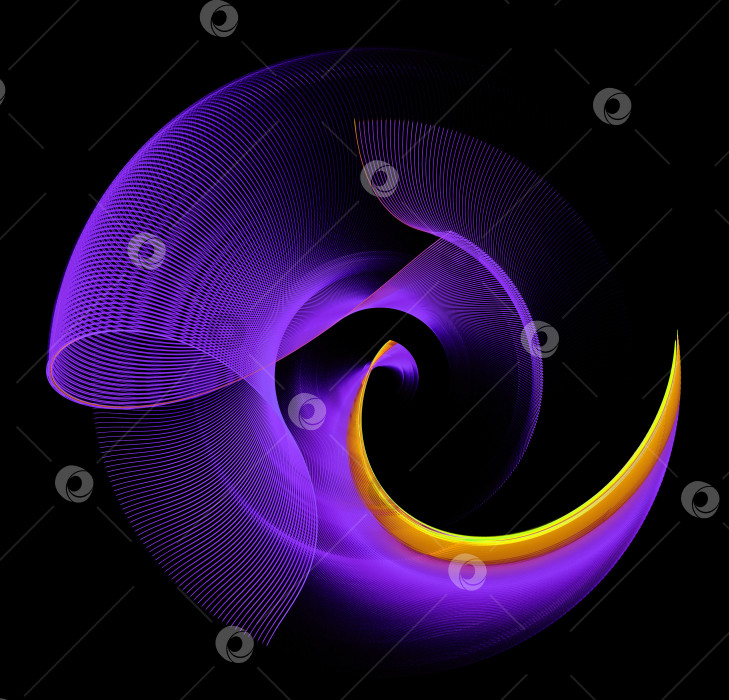 Скачать Абстрактные изогнутые многослойные лезвия в фиолетовую полоску с желто - красной каймой на остром лезвии вращаются на черном фоне. Иконка, логотип, символ, вывеска. 3D-рендеринг. 3D-иллюстрация. фотосток Ozero