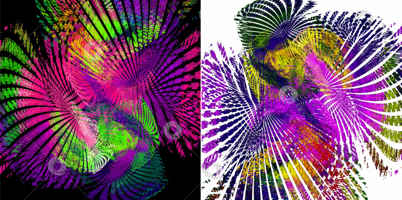 Скачать Набор красочных текстурированных абстрактных фрактальных фонов. Абстрактные бабочки или листья в форме веера на белом и черном фоне. 3D-рендеринг. 3D-иллюстрация. фотосток Ozero