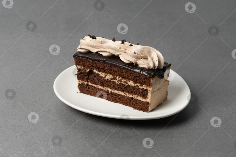 Скачать Ломтик шоколадного торта со сливочной глазурью на тарелке, готовый к употреблению фотосток Ozero