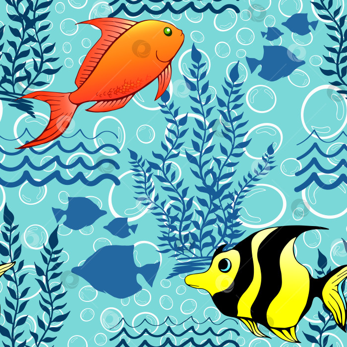 Скачать Тропические коралловые рыбы и морские водоросли с бесшовным рисунком. Экзотические обитатели океана с рисунком на поверхности. Морские животные с бесконечной текстурой. Подводная фауна с безграничным фоном. Морская жизнь редактируемая плитка. фотосток Ozero