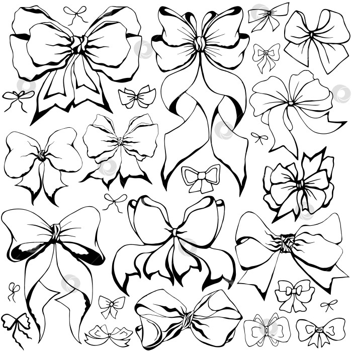 Скачать Нарисованные вручную монохромные векторные бантики, выделенные на белом фоне. Коллекция праздничных бантиков в ассортименте. Черно-белый шаблон. фотосток Ozero