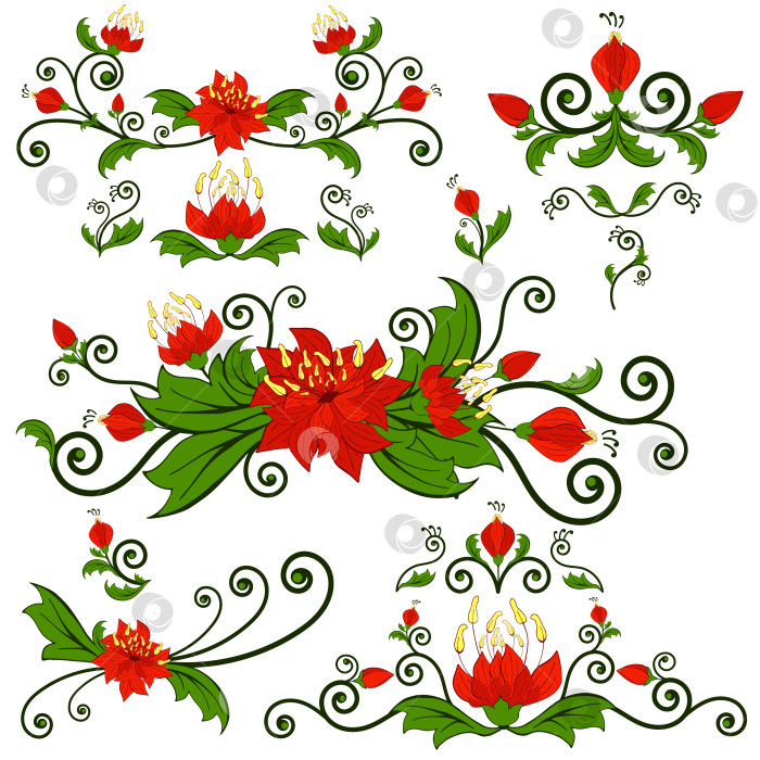 Скачать Коллекция клипартов с элементами стилизованного цветочного орнамента в стиле фэнтези. Набор ботанических завитков. Цветочные мотивы, выделенные на белом шаблоне. Различные плоские декоративные завитки. Различные растительные рисунки фотосток Ozero