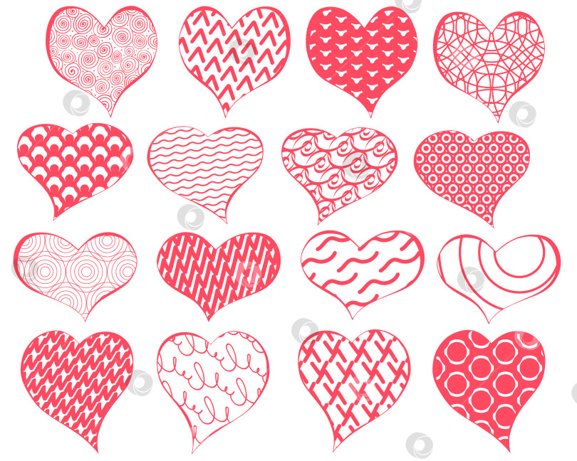 Скачать Коллекция рисунков "Сердечки в стиле дзен-арт" на белом фоне. Симпатичный шаблон в пастельных кораллово-розовых тонах ко дню Святого Валентина. Милый модный набор сердечных форм с различными узорами и орнаментами. фотосток Ozero