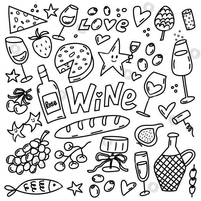 Скачать Коллекция иллюстраций для дегустации вин и закусок doodle food фотосток Ozero