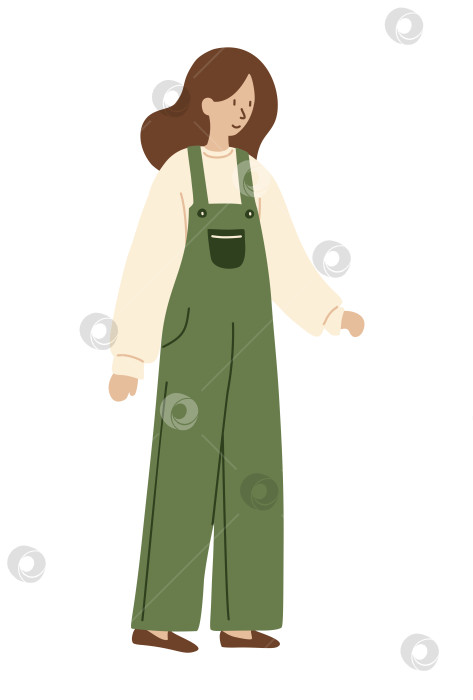 Скачать Женщина в зеленом комбинезоне, повседневная одежда, женский характер, современный минимализм, стильный дизайн, ходьба, простая графика, модный образ, девушка в движении. Векторная иллюстрация в стиле минимализма. фотосток Ozero