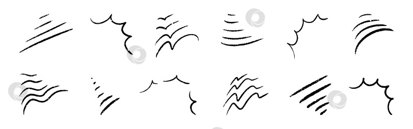 Скачать Набор элементов для создания эффекта нарисованных от руки линий в стиле манга. Рисованные значки эмоций и движения в мультяшном аниме, скоростные линии в комиксах, динамические наброски чернилами для иллюстрации и эффектов движения. Изолированная коллекция векторов фотосток Ozero