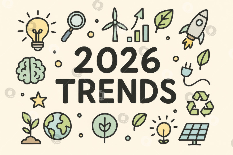 Скачать иллюстрация тенденций 2026 года с экологичными значками и концепциями будущего фотосток Ozero