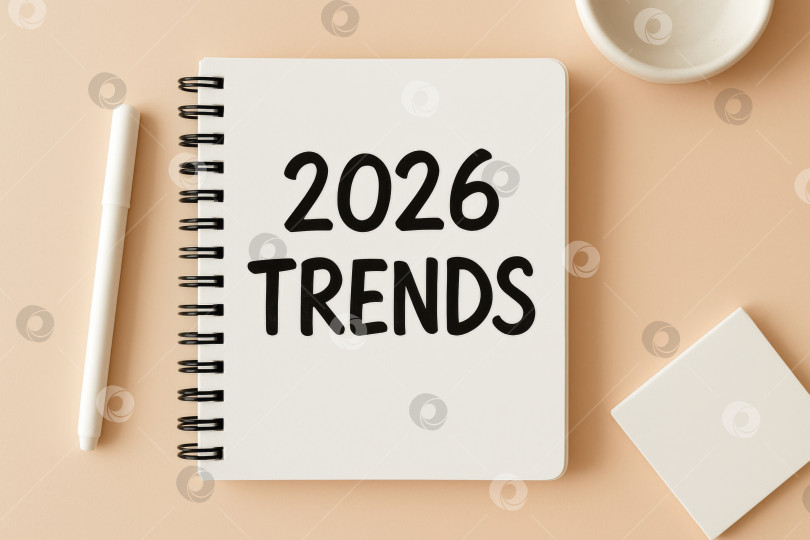 Скачать модный блокнот 2026 года на бежевом письменном столе с ручкой и стаканчиком, подходящий для фона фотосток Ozero