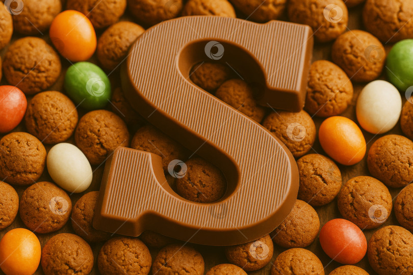 Скачать Праздничные угощения Sinterklaas с шоколадной надписью на фоне печенья фотосток Ozero