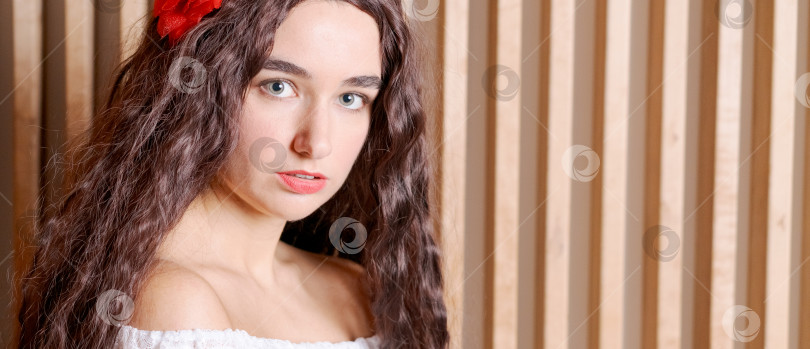 Скачать Женщина с длинными каштановыми волосами и красным цветком в волосах фотосток Ozero