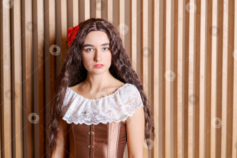 Скачать Женщина в коричневом платье с красным цветком в волосах фотосток Ozero