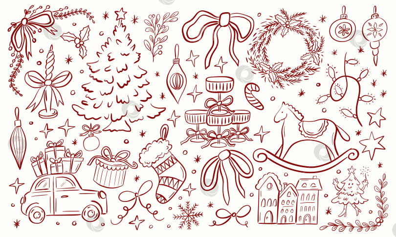 Скачать Коллекция праздничных элементов Christmas doodle line art фотосток Ozero