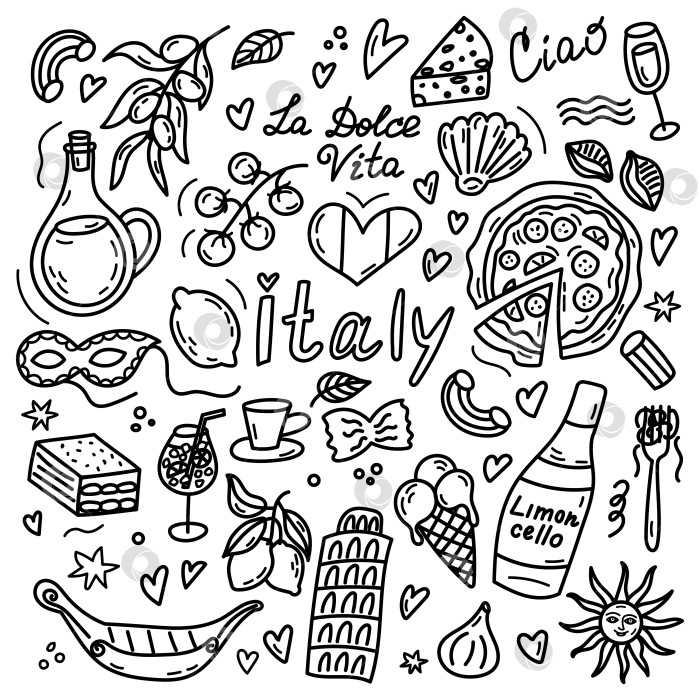 Скачать Нарисованный вручную набор каракулей для путешествий по Италии с культовыми символами фотосток Ozero