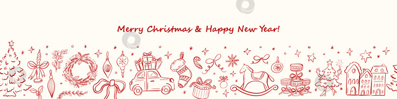 Скачать Симпатичный нарисованный от руки рождественский бесшовный праздничный баннер фотосток Ozero