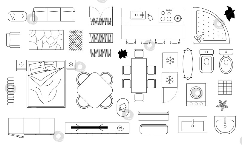 Скачать Коллекция икон мебели для интерьера с видом сверху. Чертежи САПР фотосток Ozero