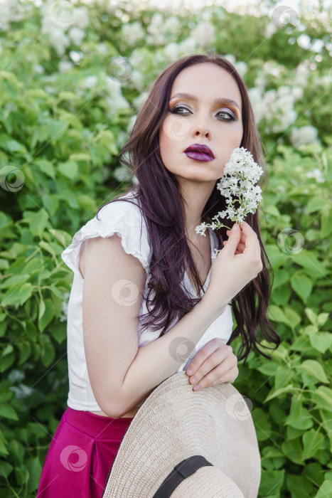 Скачать Модная девушка с темными волосами, весенний портрет в сиреневых тонах летом. Яркий профессиональный макияж. фотосток Ozero