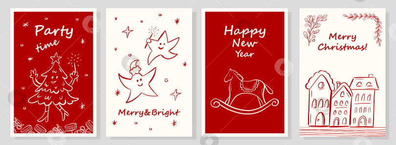 Скачать Симпатичный набор поздравительных открыток с красными и белыми рождественскими каракулями фотосток Ozero