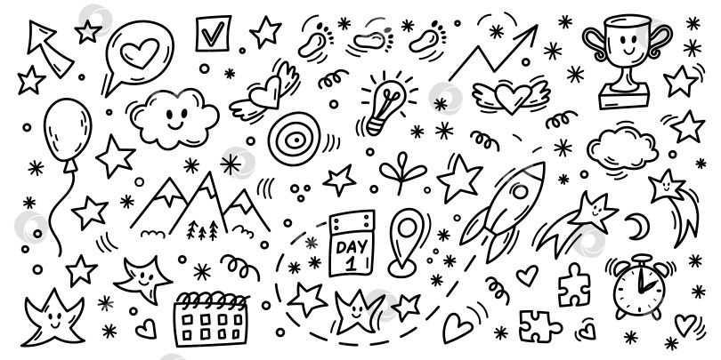 Скачать Мотивирующие маленькие шаги, каракули целей и значки успеха фотосток Ozero