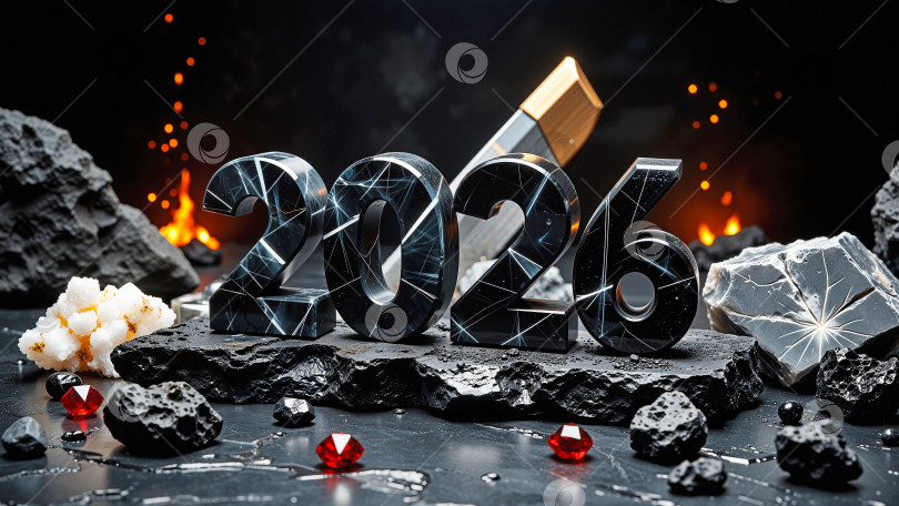 Скачать Эффектные цифры 2026 года, вырезанные из черного мрамора, с золотыми геометрическими узорами на поверхности вулканической породы с кристаллами, огненными искрами и молотом на темном дымчатом фоне. Концепция празднования эпического разрушения фотосток Ozero