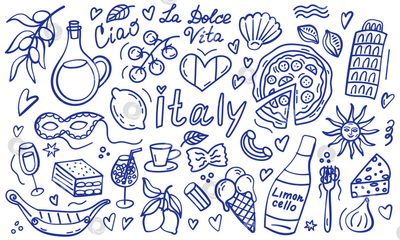 Скачать Итальянская рисованная иллюстрация с кулинарными достопримечательностями и символами фотосток Ozero