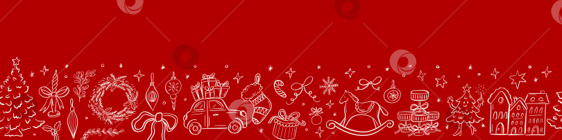 Скачать Бесшовная рождественская кайма с праздничными рисунками на красном фоне фотосток Ozero