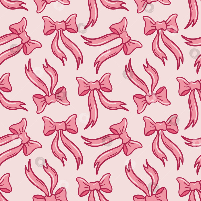 Скачать Розовые бантики с повторяющимся бесшовным рисунком, нежные ленты нежно-розовых тонов, пересекающиеся петли и хвостики создают очаровательную, воздушную векторную текстуру. Идеально подходит для обоев и тканей. фотосток Ozero