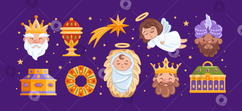 Скачать Сцена дня трех королей: три короля с подарками и младенец Иисус рядом с Вифлеемской звездой, за которой наблюдает ангел, а сияющий пирог венчает вечер, подарки и звезды сверкают в ярком векторном стиле. фотосток Ozero