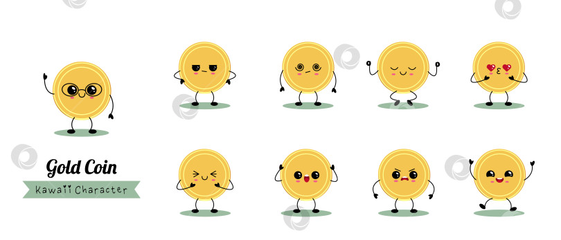 Скачать Набор символов кавайной золотой монеты с эмоциями фотосток Ozero