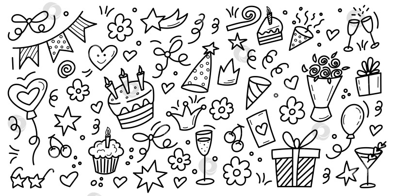 Скачать Узор из каракулей на день рождения с элементами праздничной вечеринки фотосток Ozero