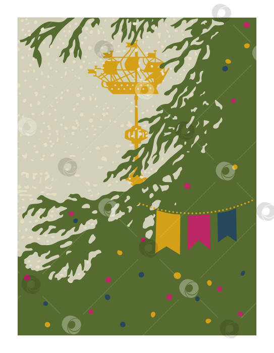 Скачать Винтажная новогодняя векторная открытка с изображением Адмиралтейского корабля и ели. Дизайн для зимних праздников фотосток Ozero