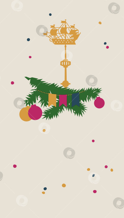 Скачать Золотой шпиль Адмиралтейства (Санкт-Петербург) с символом города с новогодними украшениями. Векторный рисунок к Новому году и Рождеству фотосток Ozero