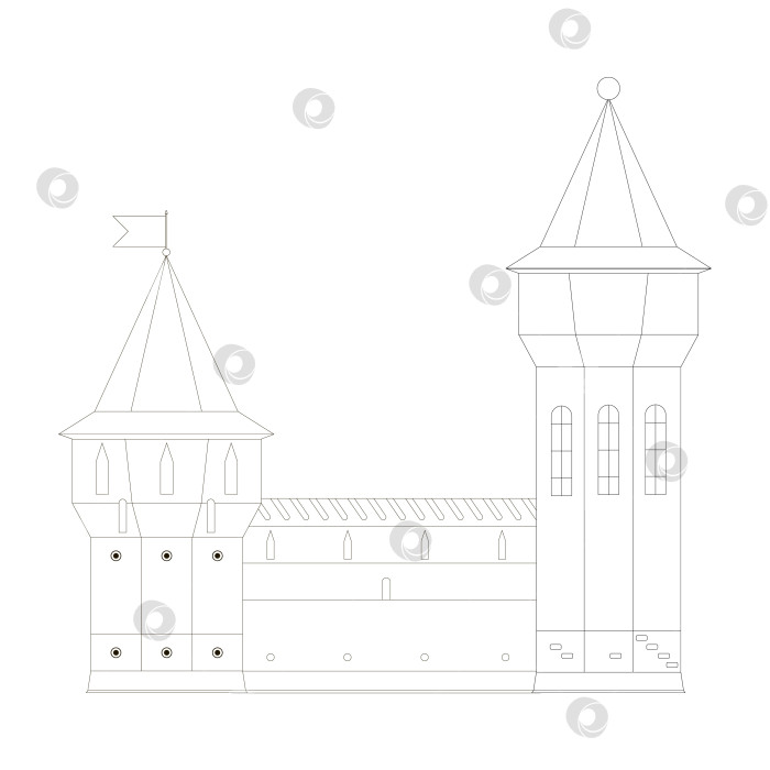 Скачать Средневековая башня и стены замка. Черно-белая линия средневековой сторожевой башни, выделенная на белом фоне, готовый вырез, вектор фотосток Ozero