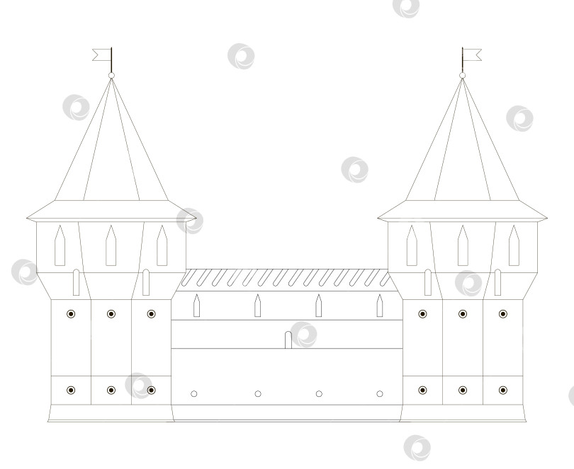 Скачать Средневековая башня и стены замка. Черно-белая линия средневековой сторожевой башни, выделенная на белом фоне, готовый вырез, вектор фотосток Ozero