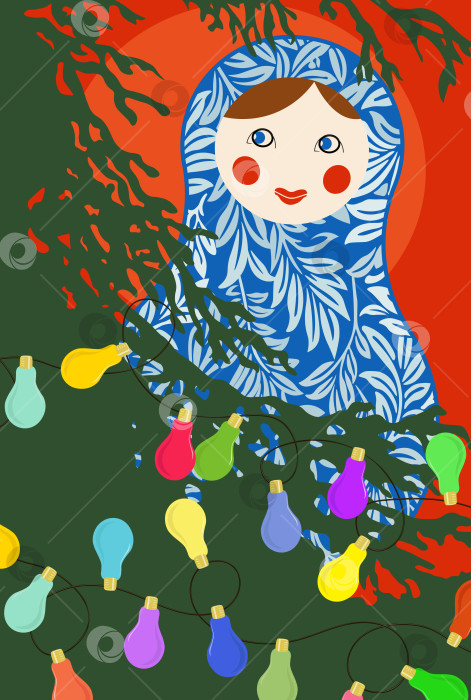 Скачать Новогодняя матрешка в еловых ветвях. Векторная иллюстрация с гирляндой и волшебным сиянием фотосток Ozero