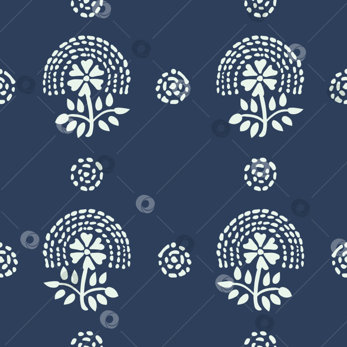 Скачать Нарисованный вручную бесшовный векторный узор, вдохновленный печатью каргопольского куба, на темно-синем фоне фотосток Ozero