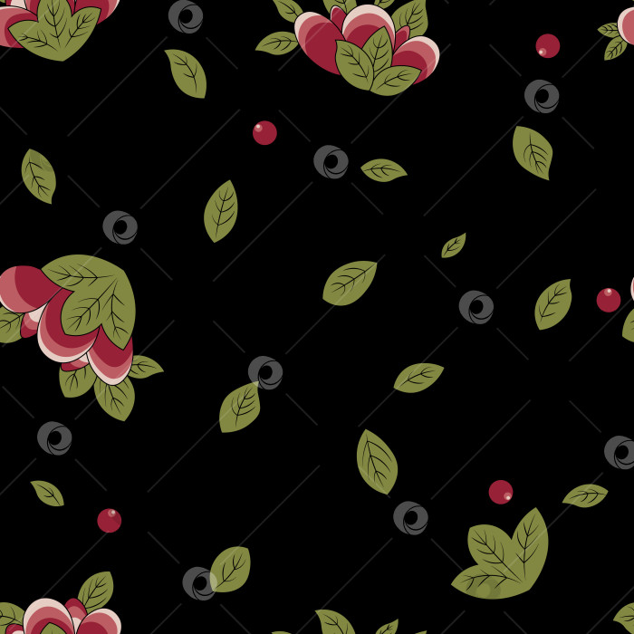 Скачать Векторный узор с цветами и ягодами в китайском стиле, выделенный на черном фоне фотосток Ozero