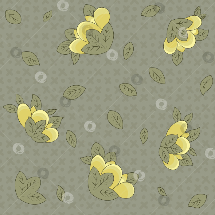 Скачать Бесшовный векторный узор в японском стиле с желтыми цветами и зелеными листьями на фоне перекрестной штриховки фотосток Ozero