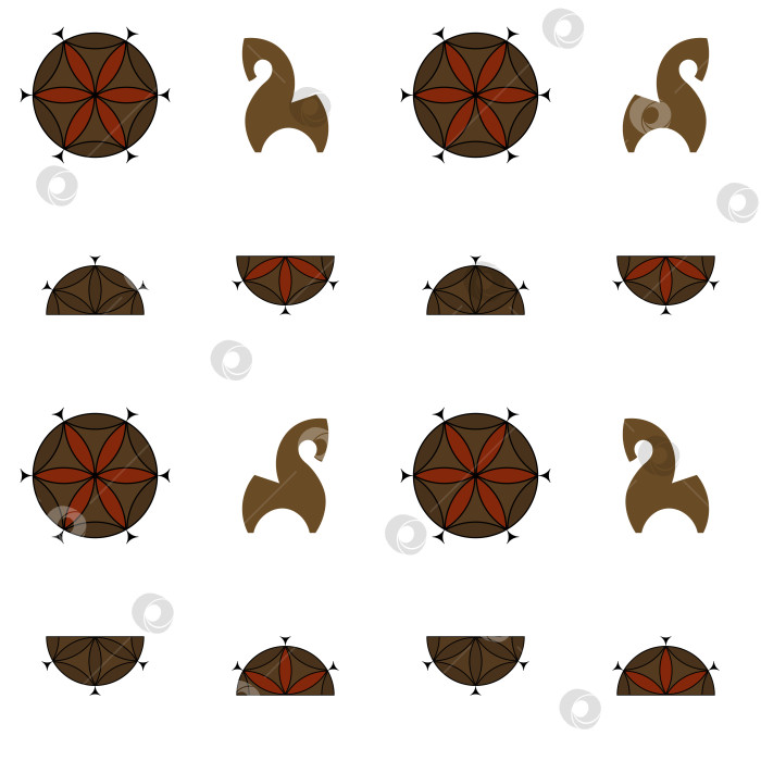 Скачать Бесшовный поморский векторный узор. Народный орнамент со стилизованными мотивами лошадей из Северной России фотосток Ozero