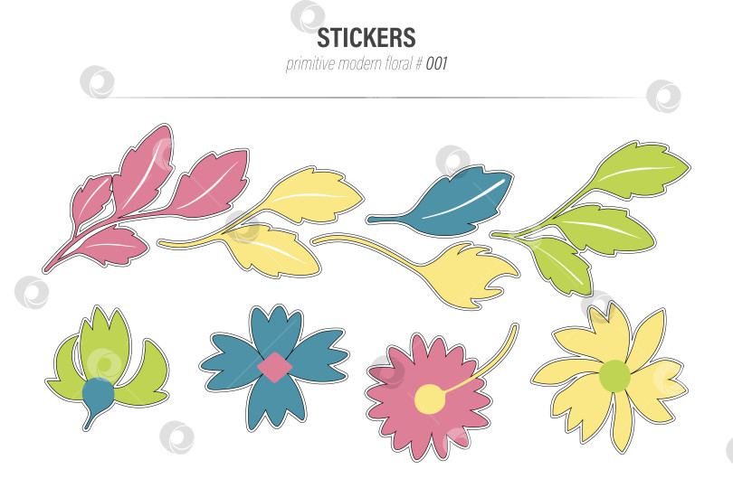Скачать Примитивный современный набор цветочных наклеек с векторной иллюстрацией фотосток Ozero