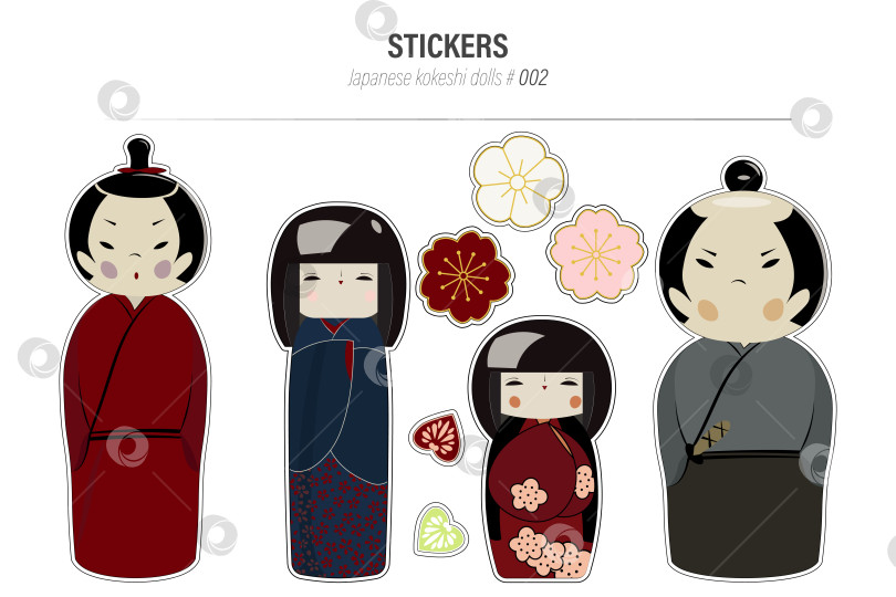 Скачать Японские куклы кокеши и набор наклеек с цветами векторная иллюстрация фотосток Ozero