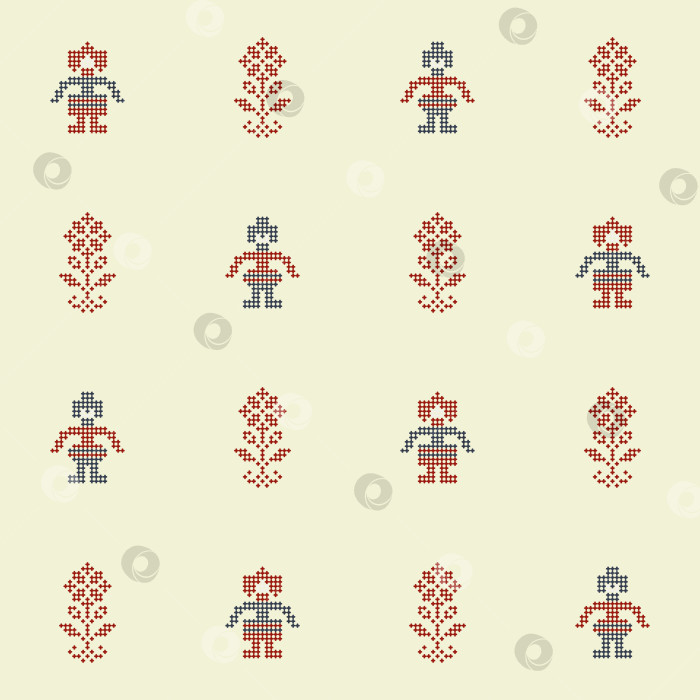 Скачать Бесшовный узор для вышивки крестом с народной парой и цветами. Вектор народного искусства фотосток Ozero