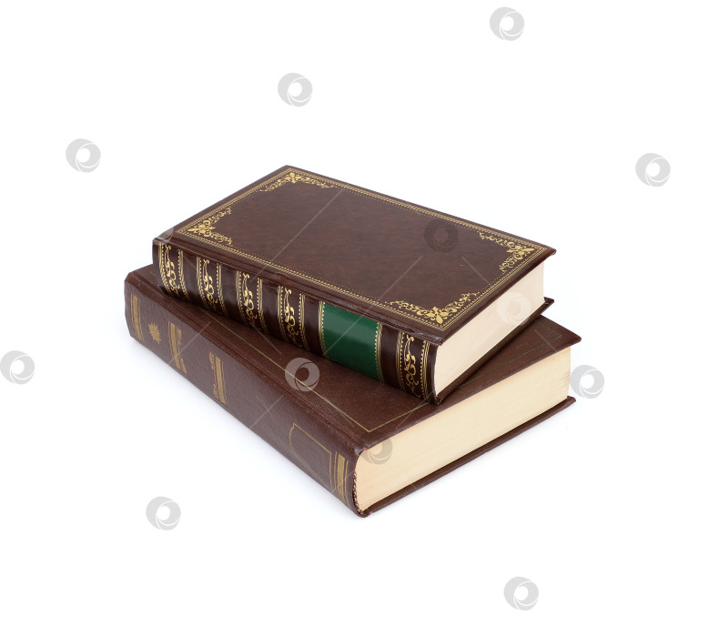Скачать Стопка книг в коричневых обложках с белыми листами, выделяющимися на белом фоне фотосток Ozero