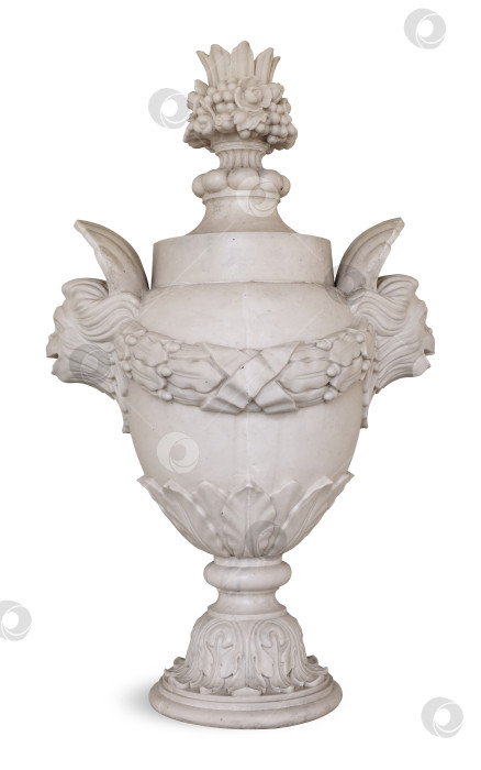 Скачать Классическая садовая ваза из белого камня, выделяющаяся на белом фоне отражением. Элемент дизайна с контуром вырезки. Чрезвычайно высокое разрешение фотосток Ozero