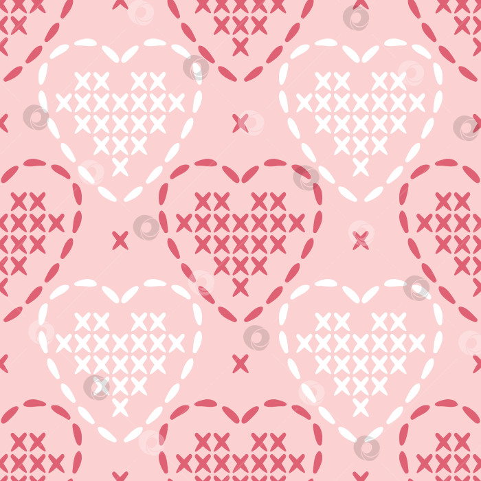 Скачать Бесшовный векторный узор. Уютный векторный рисунок, выполненный крестиком в форме сердца, переплетение крошечных стежков, веселые линии сетки, теплые красочные тона, текстура ручной работы, очаровательно причудливая и игривая. фотосток Ozero