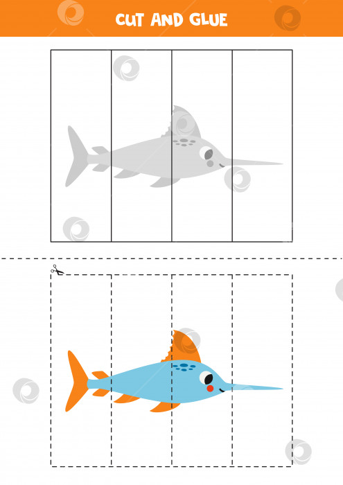 Скачать Игра "Вырезай и клеи" для детей. Симпатичная рыба-меч. фотосток Ozero