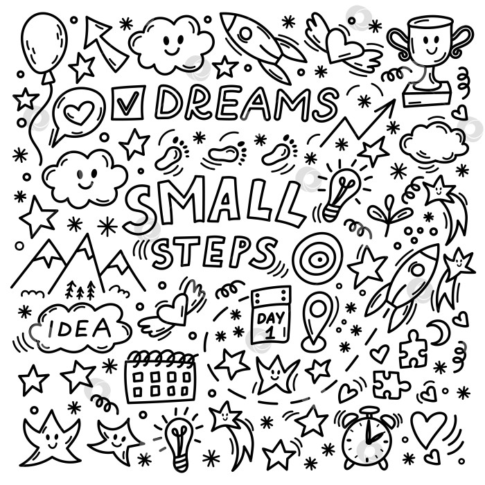 Скачать Набор мотивационных рисунков-каракулей "маленькие шаги" фотосток Ozero