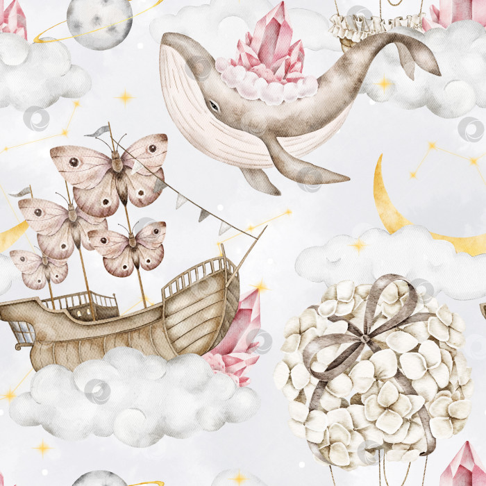 Скачать Бесшовный акварельный рисунок с изображением кита, кристаллов, парусника в виде бабочки, воздушного шара из цветов гортензии, облаков, желтого полумесяца, звезд и планет на сером фоне. Принт на текстиле для детской комнаты фотосток Ozero
