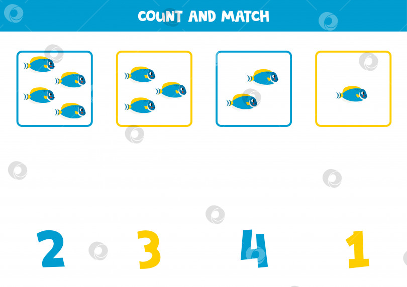 Скачать Игра для подсчета голосов для детей. Подсчитайте всех мультяшных рыбок powder blue tang и сопоставьте их с цифрами. Рабочая тетрадь для детей. фотосток Ozero