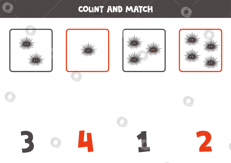 Скачать Игра для подсчета голосов для детей. Сосчитайте всех симпатичных морских ежей и сопоставьте их с цифрами. Рабочая тетрадь для детей. фотосток Ozero
